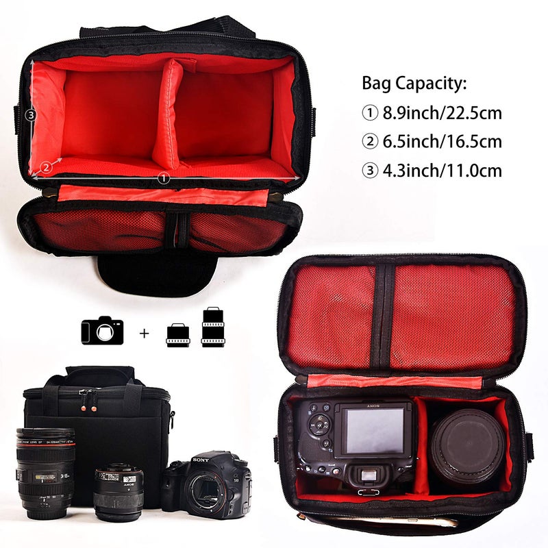 FOSOTO حقيبة كاميرا فوسوتو مبطنة مع غطاء مطري إضافي متوافقة مع كانون EOS Rebel T3i T5 T6 4000D SL2 نيكون B500 D3400 باناسونيك لوميكس FZ80 كاميرا DSLR SLR عدسة (أسود) - Image 3